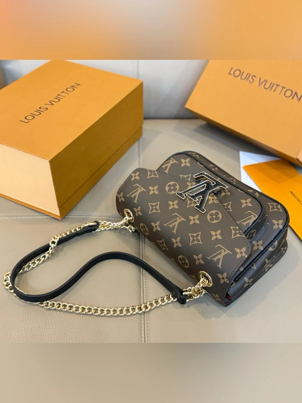 Louis Vuitton Brown Monogram Shoulder Bag with Gold Chain